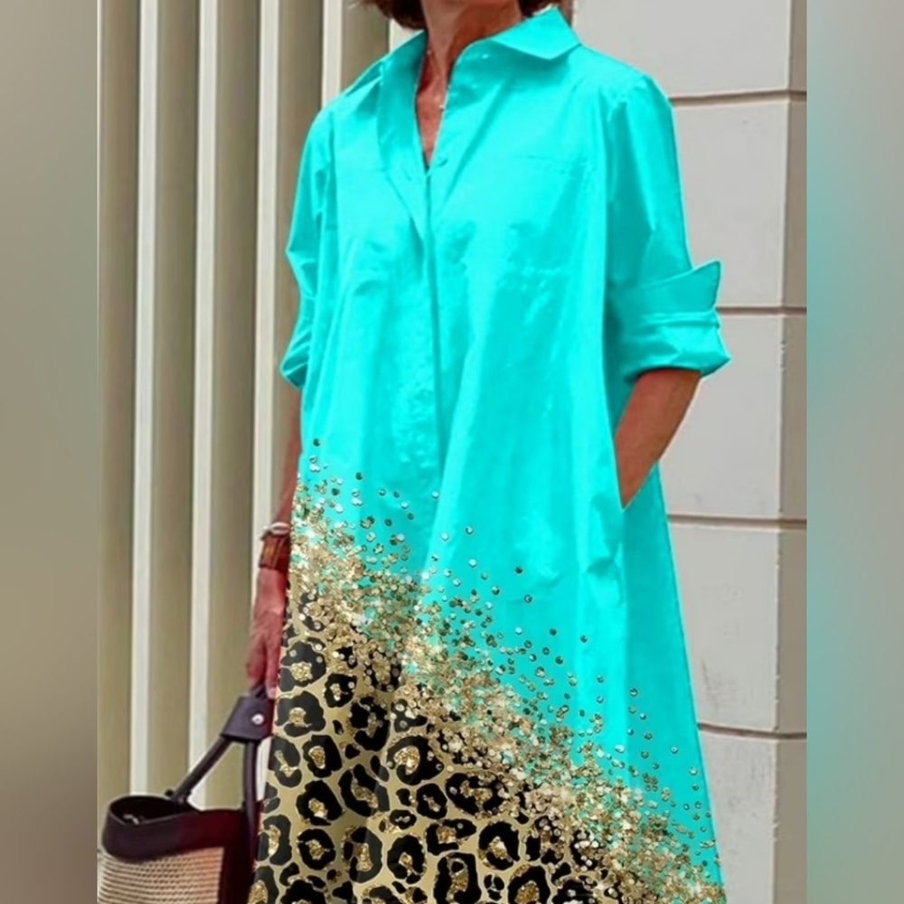 Chic Me NWOT Turquoise Leopard Print Dress 3XL with Flip Flops and earrings - Picture 4 of 6